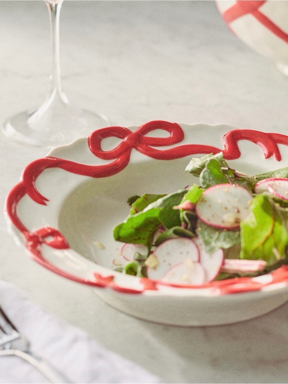 New Anthropologie benedita stoneware bowl red white bow